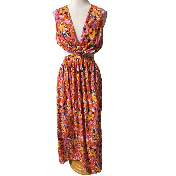 All About May Long Elle Dress 10 Large Halter Tie Back Floral Cut Out Floral - Picture 3 of 11